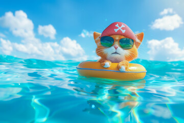 3D illustration of a cheerful cartoon cat character floating on an inflatable pirate boat in a...