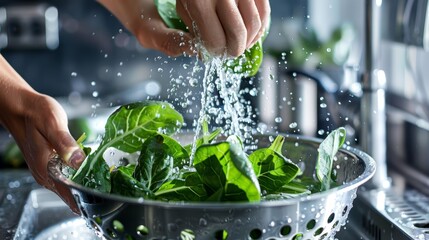 Washing curly kale in a metal colander under a kitchen tap. Fresh vegetables and healthy lifestyle concept. - obrazy, fototapety, plakaty