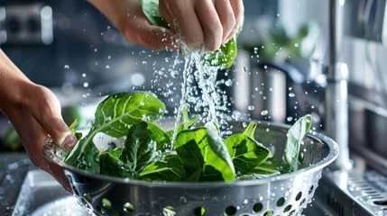 Poster Washing curly kale in a metal colander under a kitchen tap. Fresh vegetables and healthy lifestyle concept. © Andrey