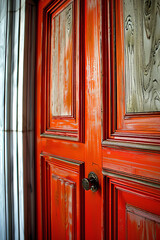 Vibrant worn Red Orange Door with Textured Woodwork Close-up Photo