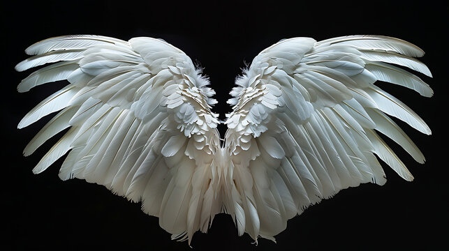 This captivating image showcases a pair of white, feathered wings elegantly spread against a black background.