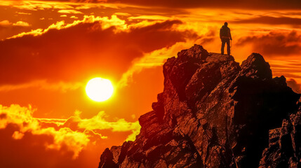 Silhouetted explorer at sunset on mountain peak
