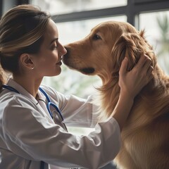 Woman Veterinarian Patting a Cute Big Dog