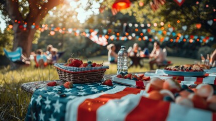 Cherries on picnic blanket with patriotic theme, blurred backyard party in background. 4th of July holiday concept