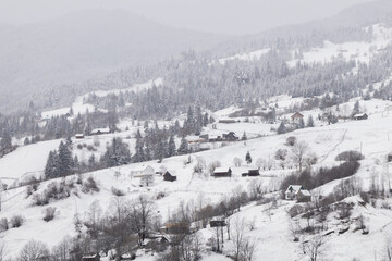 new, countryside, morning, eastern, mountains, town, impressionism, carpathians, sunrise, snowfall,...