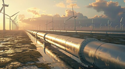 Hyperloop pipeline amidst wind turbine farm during golden hour. Integration of modern transport and renewable energy concept
