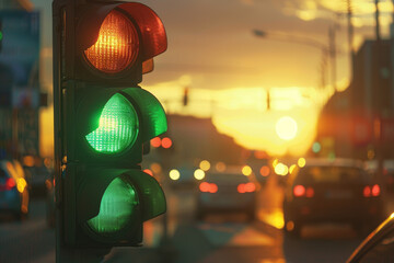 A traffic light with a green light is lit up in the middle of a busy street