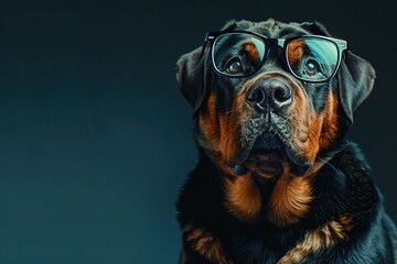 A dog wearing glasses is staring at the camera