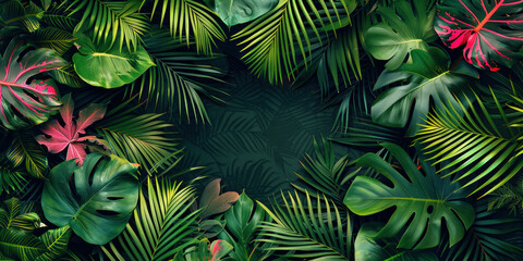 Fototapeta na wymiar Lush Tropical Jungle Background with Green Leaves and Plants on Dark Background with Copy Space for Text