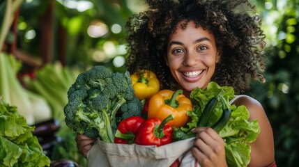 Woman Holding Reusable Bag Full of Organic Vegetables and Fruits