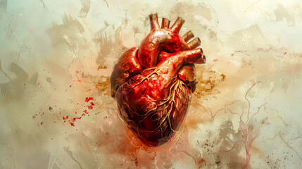 Vividly detailed rendering of a human heart with abstract background