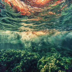 Undersea Wonderland - Sunlit Coral Reef and Ocean Waves