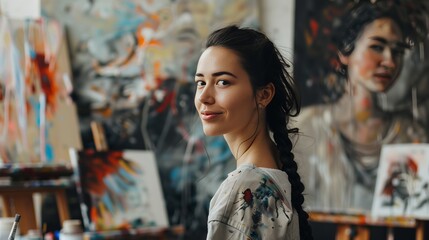 Fototapeta na wymiar Portrait of a young beautiful woman in her painting studio