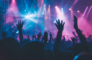 Concert with light effects and silhouettes of people rejoicing and raising their hands in the air