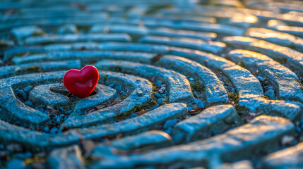 Red heart on stone labyrinth path at sunset