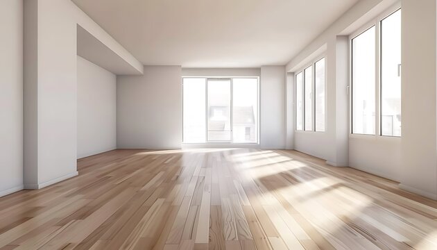 Bright and sunny empty room with hardwood floors and large windows.