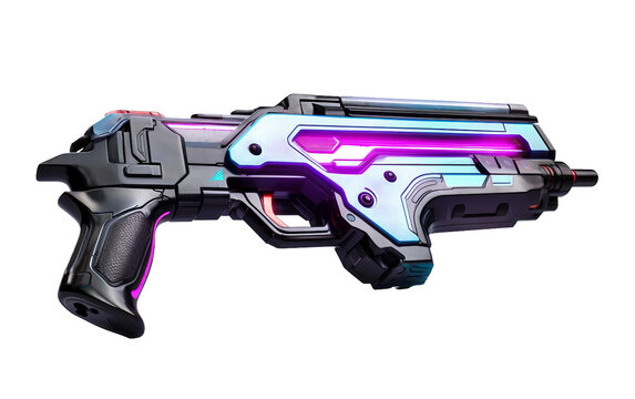 Neon-Highlighted Cyberpunk Firearm Isolated On Transparent Background PNG.
