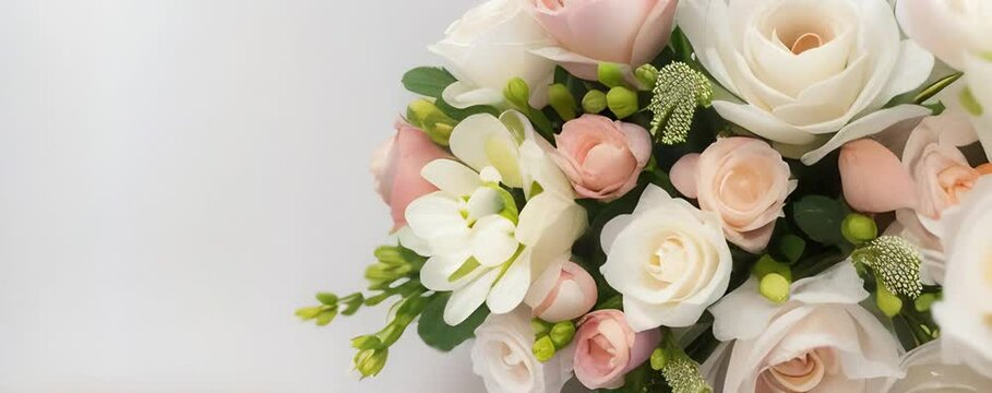 Elegant floral arrangement with pink roses, white hydrangeas, and green accents on a bright background, banner, concept greeting video