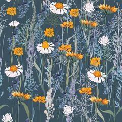Fashion vector seamless pattern with hand drawn field flowers in vintage style