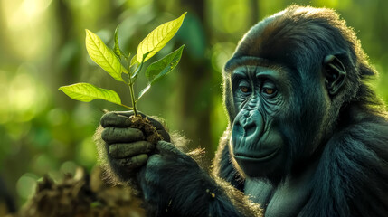 Young ape examines sprout in sunlit forest