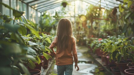 A high-definition, candid shot capturing the innocence and wonder of a girl exploring a greenhouse during the onset of spring - obrazy, fototapety, plakaty