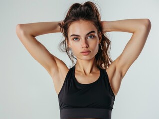 Fototapeta premium Attractive woman with a fashionable hairstyle in stylish sportswear. Fashion and beauty, active lifestyle and sports.