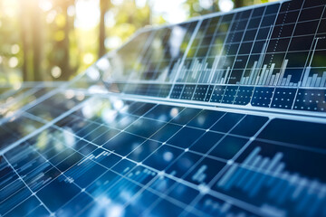 Solar panels with overlay of stock market analysis graphs. Renewable energy investment trends with financial charts. Green technology and stock analytics in a sustainable future concept - obrazy, fototapety, plakaty