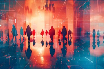 A group of silhouetted individuals walk along futuristic paths in a digital city symbolizing connectivity and innovation. Concept Futuristic City, Connectivity, Innovation, Silhouettes, Digital Paths