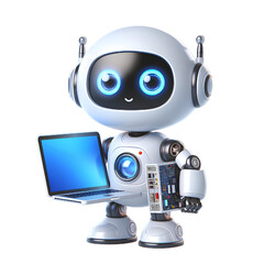 3D cute robot with laptop isolated on white background