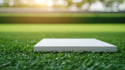Close up of an empty square white Platform on a green Pitch. Blurred Sports Background