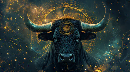This captivating image showcases a majestic bull’s head enveloped in an aura of mysticism and cosmic energy. - obrazy, fototapety, plakaty