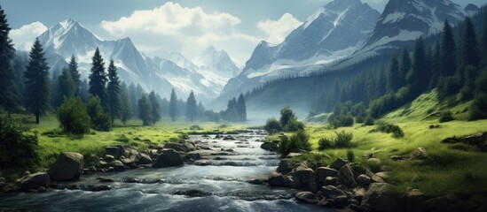 A painting depicting a mountain stream flowing through a valley, surrounded by towering peaks and lush greenery. The stream winds its way through the landscape, reflecting the clear blue sky above. - obrazy, fototapety, plakaty