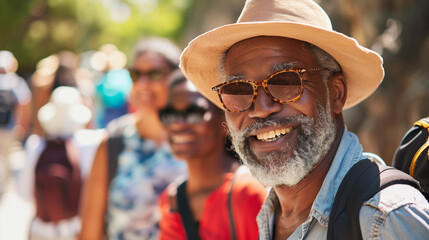 A group of dark-skinned elderly travelers