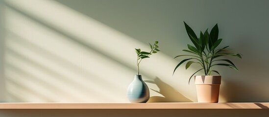 Two elegant vases are neatly displayed on a wooden shelf, each holding a lush green plant inside