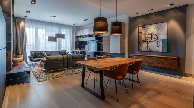 An interior glimpse of a modern apartment, featuring a dining table and an adjoining living room, creating a cohesive space