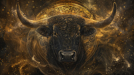 This captivating image showcases a majestic bull’s head enveloped in an aura of mysticism and cosmic energy. - obrazy, fototapety, plakaty