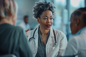 A focused scene where a woman business leader in healthcare engages deeply in discussion with medical professionals, - obrazy, fototapety, plakaty