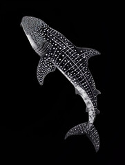 A black and white image featuring a powerful whale shark elegantly swimming through the water