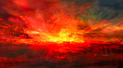 Vivid abstract painting with dynamic brushstrokes evoking a fiery landscape
