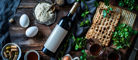 Pesah,Passover holiday composition card silver kearah, bottle of wine, matzo, egg, greens traditional Jewish Passover dishes.warm cozy soft evening light,cinematic atmospheric style,holiday mood - obrazy, fototapety, plakaty