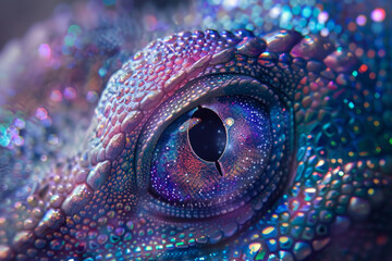 A colorful lizard eye with a black pupil - obrazy, fototapety, plakaty
