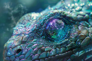A close up of a lizard's eye with a blue iris and a green background