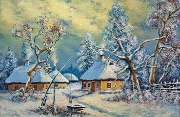 Oil paintings rural winter landscape, old house in winter forest - 768249572