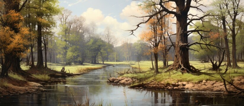 A painting depicting a river meandering through a lush green forest. The river glistens in the sunlight, creating a serene atmosphere. Tall trees line the riverbanks, their reflections rippling in the
