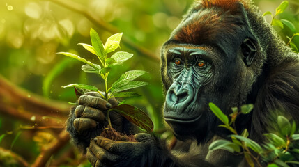 Gorilla tenderly holding a young plant in nature