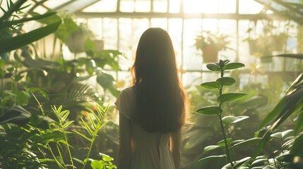 A soft-focus capture reminiscent of Impressionist paintings featuring a girl standing amidst vibrant greenery in a sunlit greenhouse. - obrazy, fototapety, plakaty