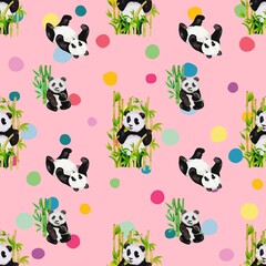 Cute Panda seamless pattern with pink background for kids