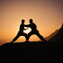 Silhouette of two men practicing wushu at sunset near a mountain cliff. Generative AI