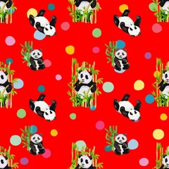 Cute Panda seamless pattern with colorful polka dots and red color background for kids