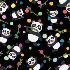 Cute Panda seamless pattern with colorful polka dots and black color background for kids
